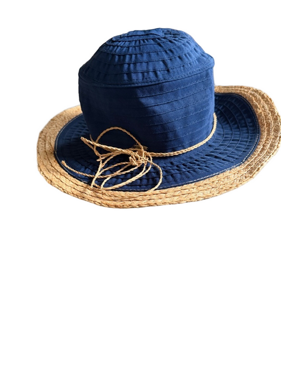 Scala Accessories - Scala Navy & Natural Straw Wide-Brim Sun Hat Boho Beach Summer Travel Chic